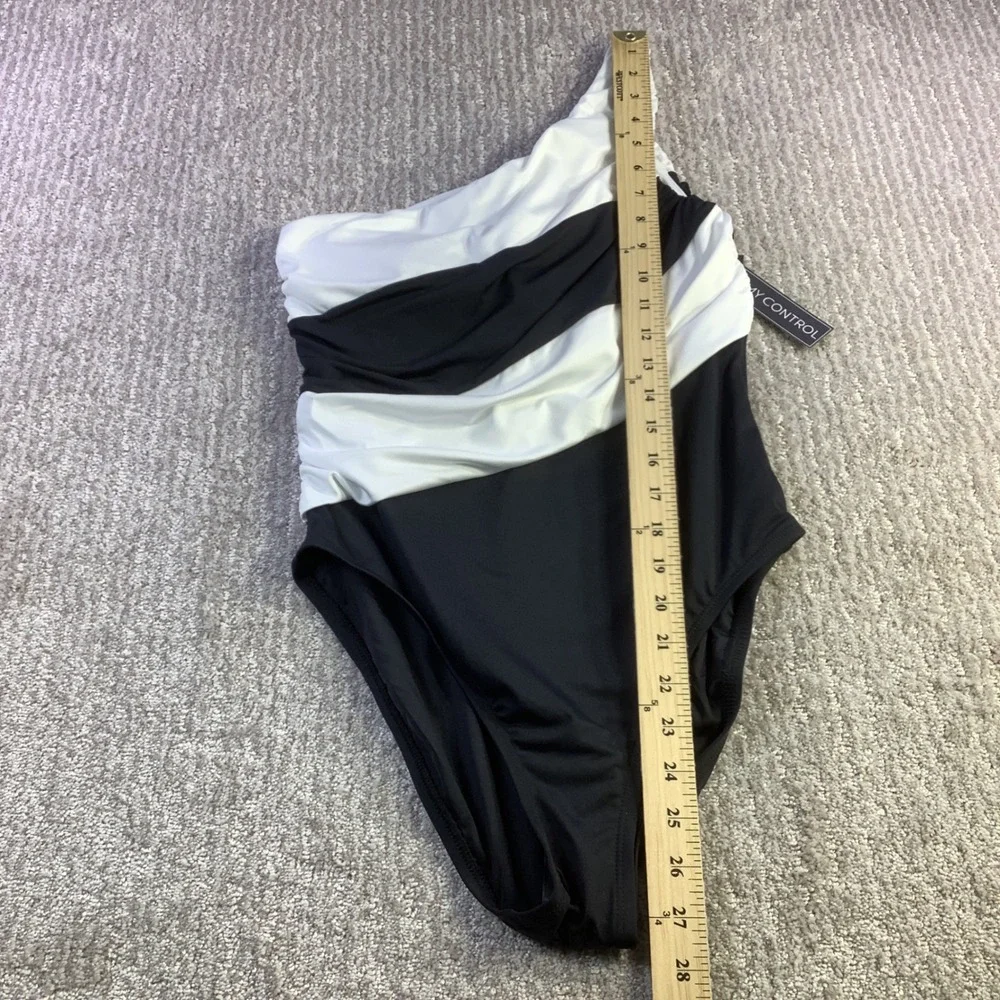 La Blanca Womens One Shoulder Tummy Control Swimsuit Black White Size 8 NWT‎